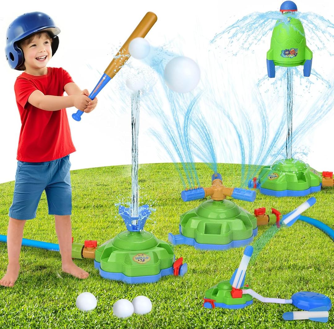 4-in-1 Kids Sprinkler Baseball Toys for Yard, Water Sprinklers Rocket Launcher Outdoor Play, 360 Rotating Water Spray Toy, Summer Backyard Lawn Pool Outside Water Game for Girls Boys Ages 4-8 8-12