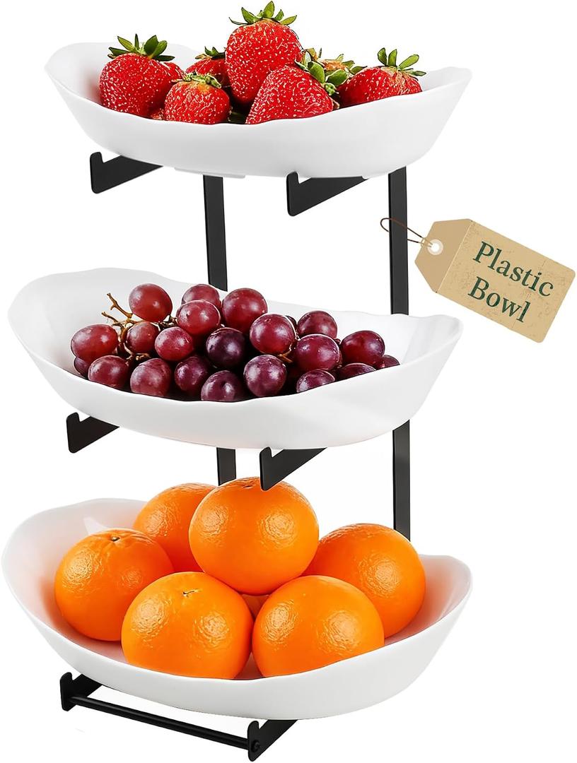 3 Tier Fruit Bowl for Kitchen Counter - Tiered White Fruit Stand, Easy to Assemble & Clean, Sturdy Plastic Fruit Storage Container for Fruits, Vegetables, Snacks, Elegant Serving Bowl for Home & Party