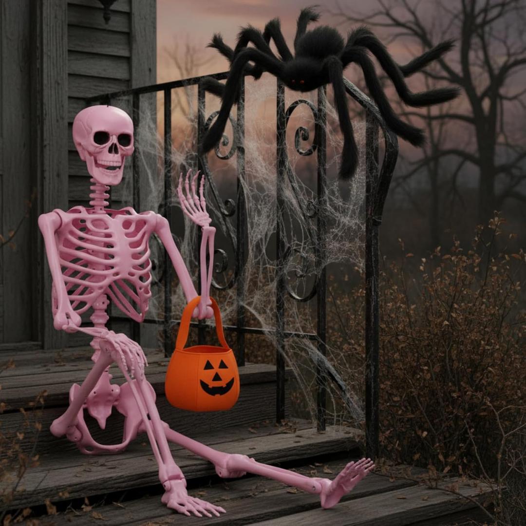 Tellingyou 3 Pcs 5.4ft Halloween Skeleton Decor Giant with 3 ft Big Spider and Pumpkin Face Candy Tote Bag, Full Size Pink Skeleton with Movable Joints for Pink Halloween Decoration Haunted House Prop