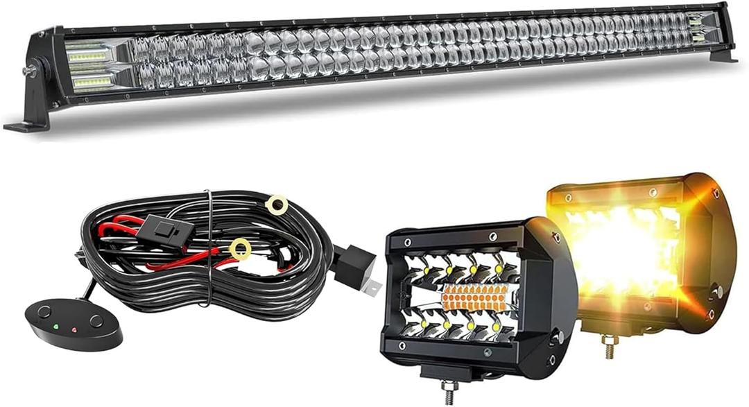 ASLONG 52 Inch LED Light Bar 300W Spot Flood Combo,2Pcs 4 Inch White/Amber Yellow LED Pods Fog Lights,Wiring Harness Kit with Switch,Offroad Driving Light for Pickup