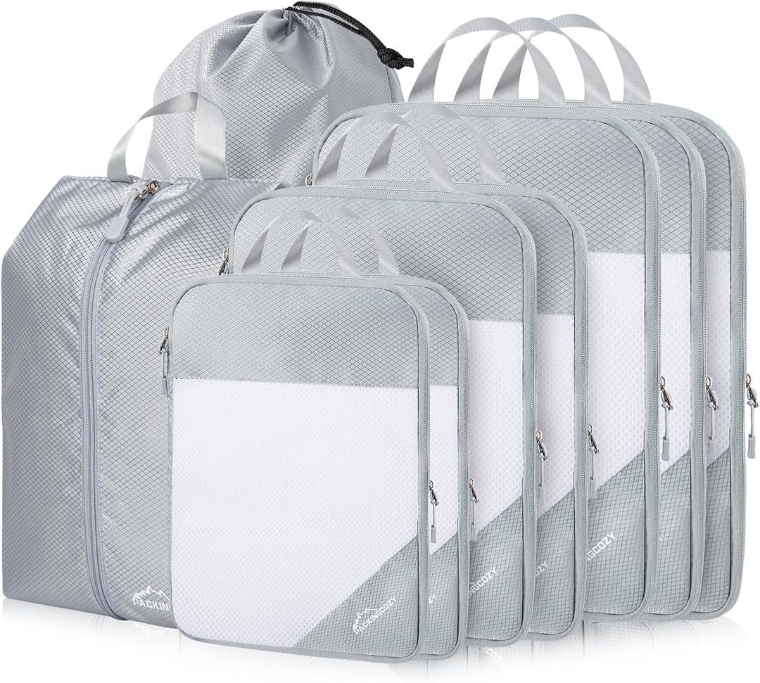 Compression Packing Cubes, 9 Set Packing Cubes for Travel Compression, Lightweight Compressible Package Organizer for Carry On and Suitcases, Light Grey