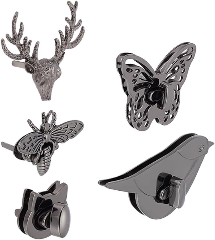 PH PandaHall 5 Animal Purse Turn Buckles, Butterfly Bag Lock Buckle Kitten Decorative Clip Clasps, Handbag Turn Buckles, Removable Handbag Twist Buckle Replacement, Leather Bag DIY Accessories (Butterfly/Birds/Bees/Cat/Deer, Electrophoresis Black/Brushed Antique Bronze/Gunmetal)