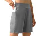 YOYOYOGA Bermuda Shorts for Women Stretchy Soft Yoga Shorts with Pockets High Waisted Workout Running Athletic Short S