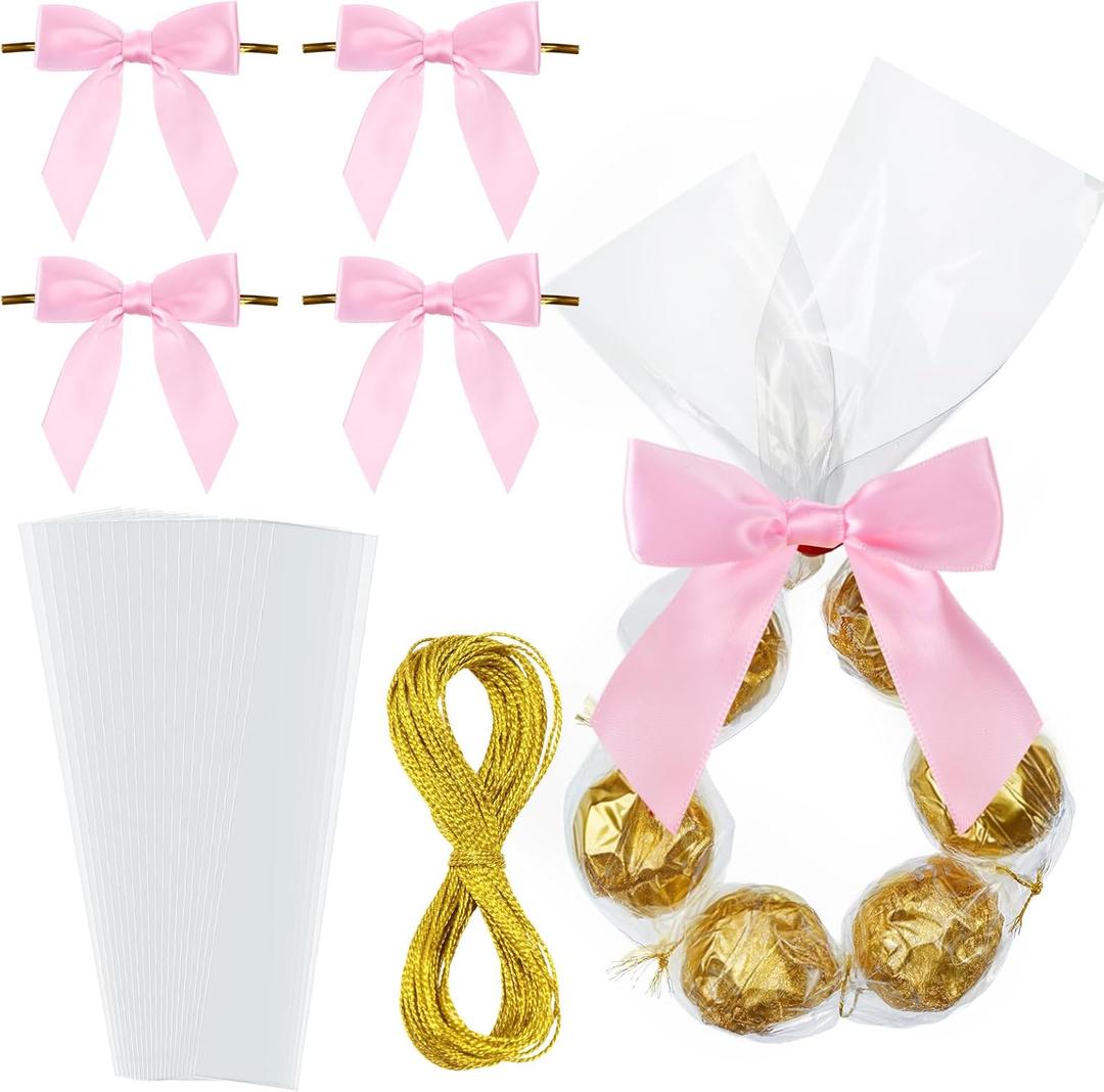 Yexiya 50 Sets Valentines Wreath Candy Bags with Ribbon Bow Twist Ties and Long Clear Treat Bags for Party Favor Easter Wedding DIY Candy Wrapping Gifts Chocolate Bag(Pink,2.4 x 21.7 Inch)