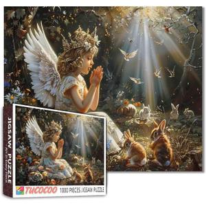 Baby Angel Girl Jigsaw Puzzle 1000 Pieces Puzzles for Adults, Prayerful Angel in Forest Jigsaw Puzzles for Challenging Family Activity Games DIY Puzzle for Home Wall Decor Gifts - 20 x 27 Inches