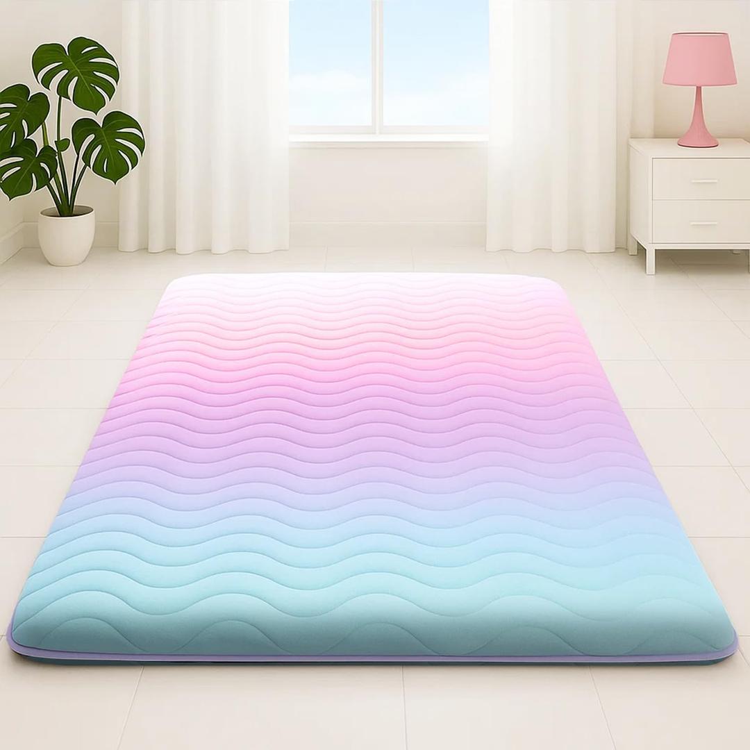 SCHNAUZER HOME Japanese Floor Futon Mattress, 3.5" Thicken Colorful Rainbow Portable Floor Mattress, High-Density Foam Tatami Mat Sleeping Pad for Camping Guest Room Dormitory RV, Twin