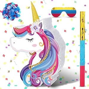 Seematn Unicorn Pinata Unicorn Party Supplies Pinata Bundle with Blindfold and Bat for Girls Kids Unicorn Theme Birthday Party Game Decorations