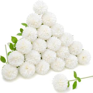 Floweroyal 24pcs Artificial Chrysanthemum Ball Flowers, Fake Mums Silk Hydrangea Bridal Wedding Bouquet for Home Garden Party Office Coffee House Decoration (White)