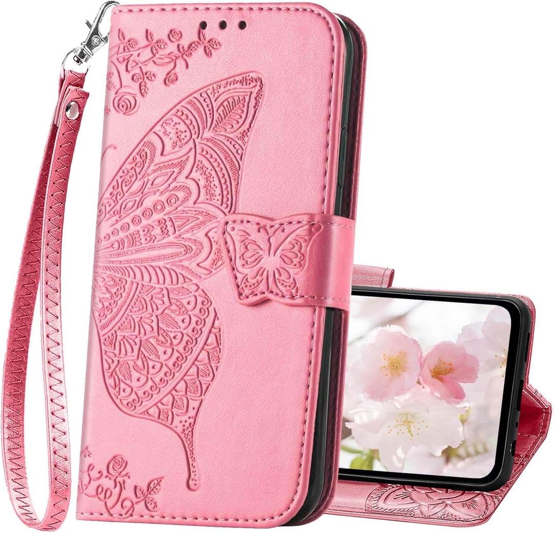 for Galaxy A15 5G Phone Case Wallet,Women Butterfly Embossed Flip PU Leather with Credit Card Holders Kickstand Wrist Strap Purse Cover for Samsung A15 5G (Pink)