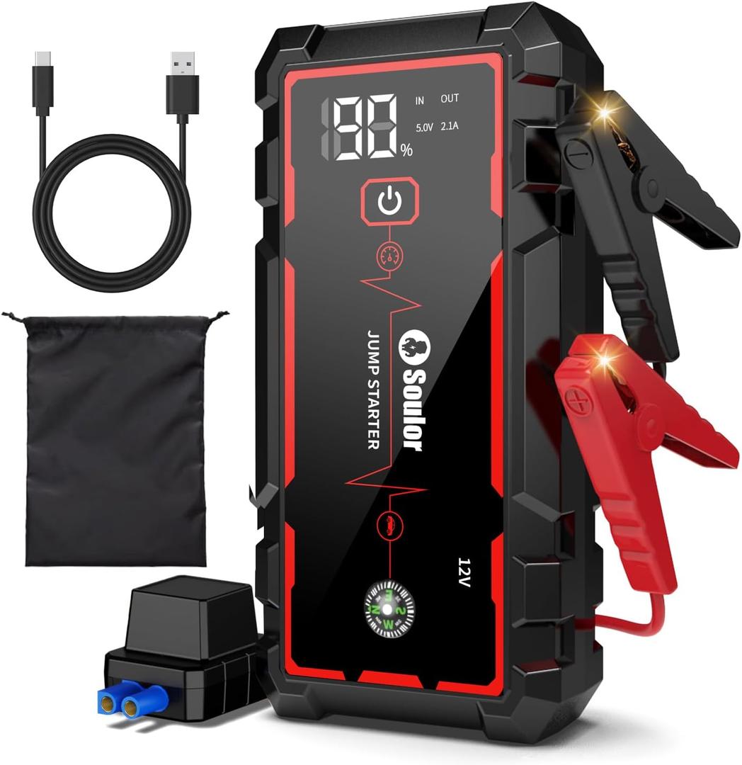 5000A Jump Starter Car Jumper Starter Portable Battery Booster Pack Jump Box with LED Display, LED Light and Jumper Cables(10.0L Gas and 10.0L Diesel)