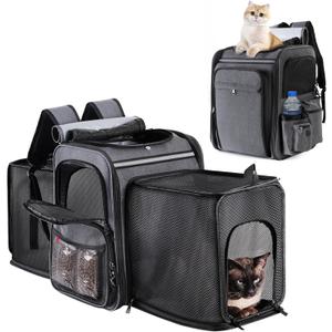 Cat Backpack Carrier,Double Side Expandable Cat Carrier Backpack,Dog Carrier Backpack for Medium Cats and Small Dogs,Puppies Up to 20 Lbs,Pets Carrier Backpack with Breathable Mesh(Grey)