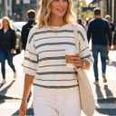 Dokotoo Womens Sweaters Spring Summer Oversized 3/4 Sleeve Striped Crewneck Casual Lightweight Knit Pullover Sweater Tops, XL