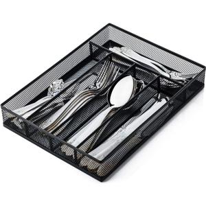 JANE EYRE Utensil Drawer Organizer, Cutlery Tray Silverware Flatware Storage Divider for Kitchen, Mesh Wire with Non-slip Foam Feet, 5 Component, Black
