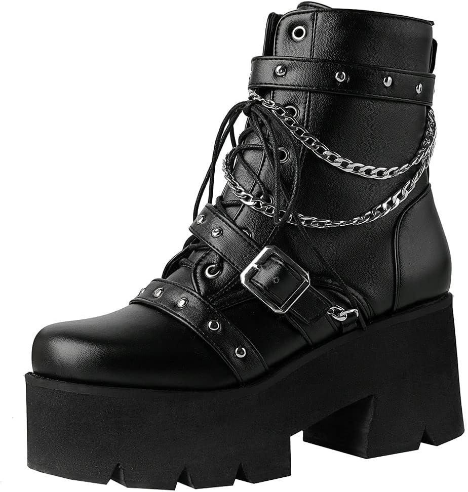 LUXMAX Women Buckle Goth Chunky Platform Ankle Boots Lace Up High Heel Motorcycle Boots with Chain (13, Black)
