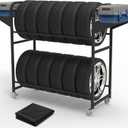 Tire Storage Rack 44" x 44" x 18" with Anti-Dust Cover, Rolling Adjustable Black Alloy Steel Tire Rack for Garage with 4 Swivel Casters & 2 Storage Shelves