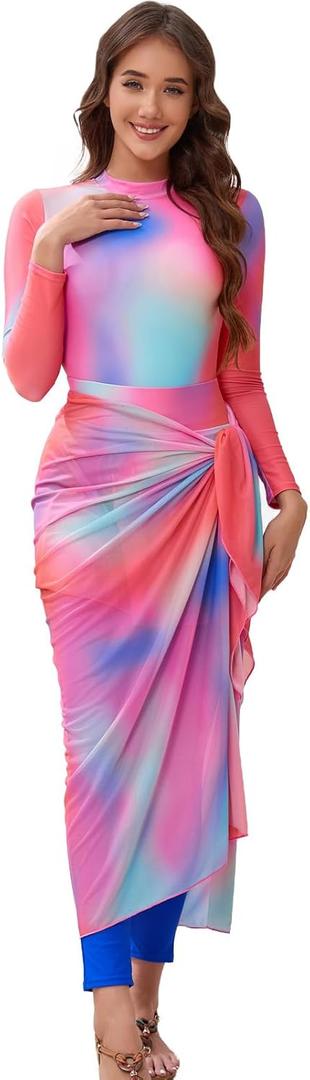 IDOPIP Muslim Burkini Swimsuit for Women's One Piece Swimsuit with Beach Skirt+Cover up Sarong+Pants 4PCS Bathing Suit (Medium, Pink + Purple)