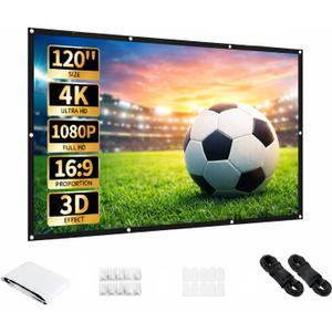 Aurzen 120-Inch Projector Screen, 16:9 4K HD, Foldable Anti-Crease, Portable Double-Sided Screen for Indoor/Outdoor Home Theater & Backyard, White (120 inches)