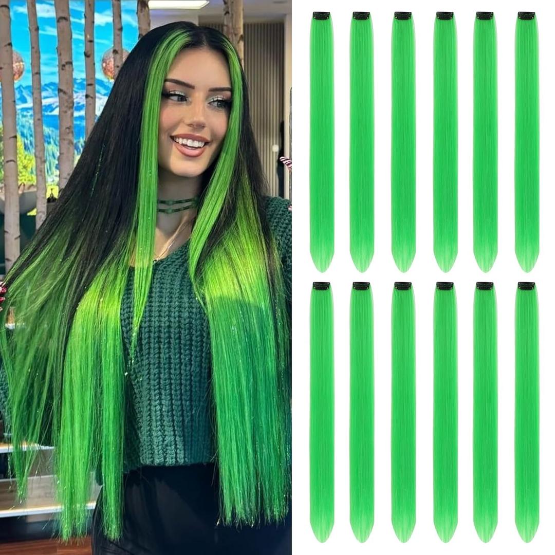 Leeven Green Colored Hair Extensions Clip in 22 Inch 12PCS Long Straight Clip on Synthetic Hairpieces Colorful Party Highlights Hair Accessories Cosplay Christmas for Women Girl Kids