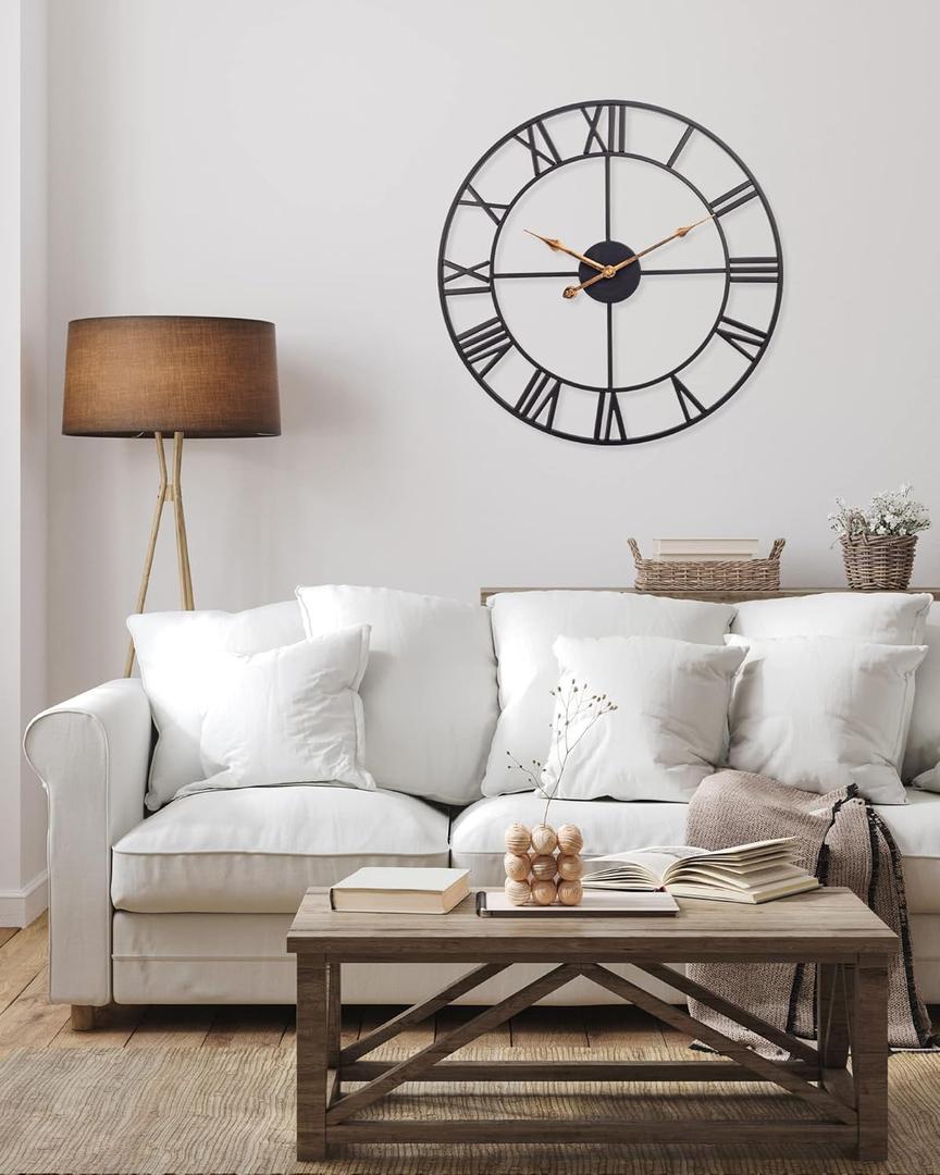 20 Inch Wall Clock, Large Battery Operated Wall Clock, Industrial Metal Black Clock for Living Room, Bedroom, Kitchen, Patio Decor - Black (Black Roman)