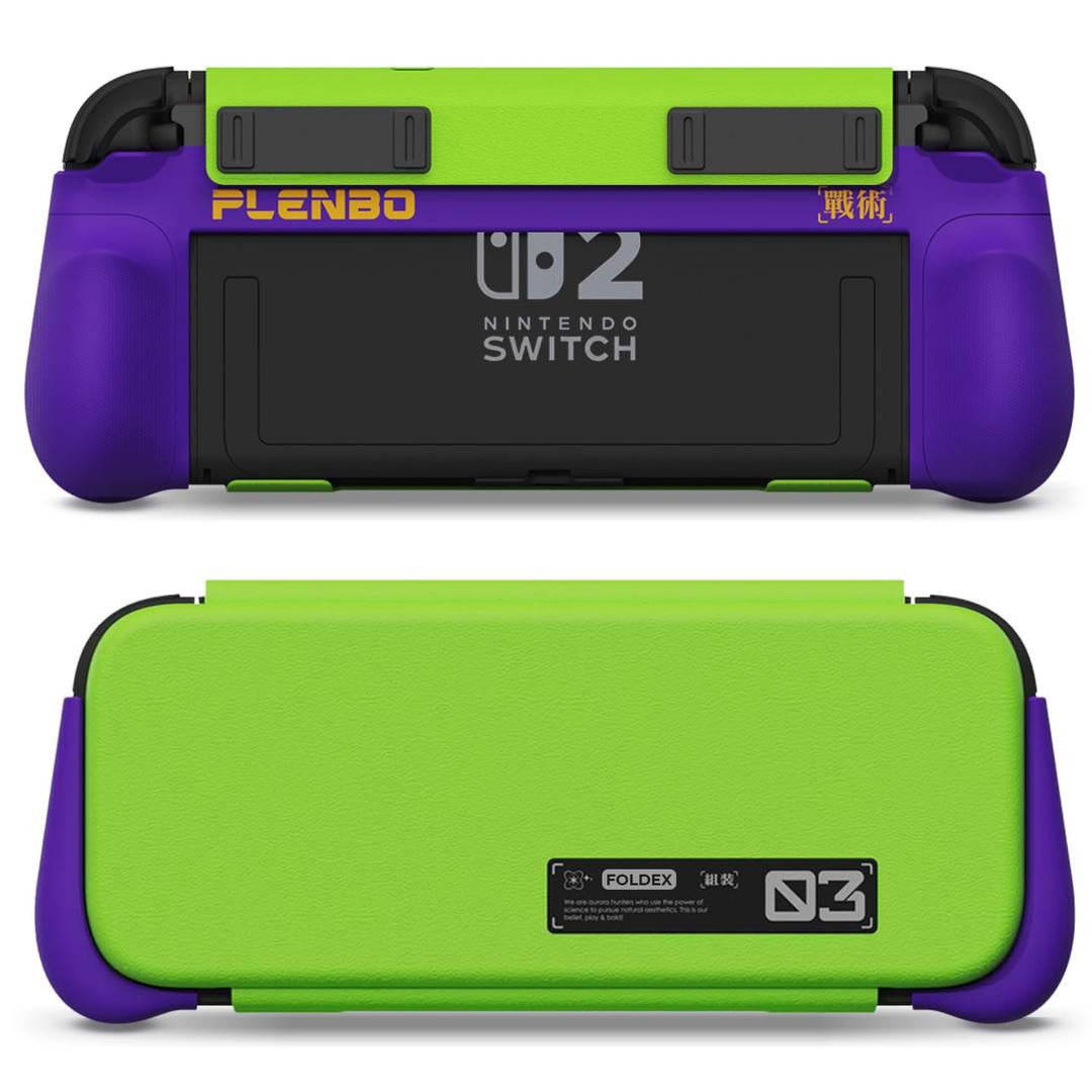 Plenbo FoldeX Grip Case with Detachable Flip Cover for Nintendo Switch 2, Dockable Ergonomic Handheld Protective Shell, 3-Mode Compatible Joy-Con 2 Controller Grip- Neon Purple & Green