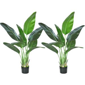 2Packs 4FT Artificial Bird of Paradise Plant,Faux Palm Tree Potted Plant with Real Touch Leaves,Fake Trees for Home Living Room Office Indoor Outdoor Decor(4 FT-2Packs)