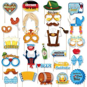 30Pcs The Munich Oktoberfest Photo Booth Props, German Oktoberfest Selfie Props, Funny Germany Party Supplies, Sausage Beer Gold Dress Leather Pants Theme Backdrop Decorations