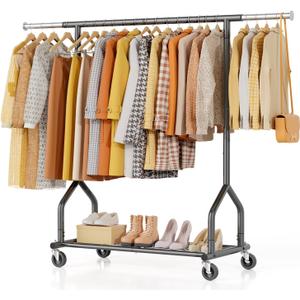 EAGMAK Heavy Duty Clothes Rack Load 424 LBS, Rolling Clothing Rack With Shelves, Adjustable Metal Clothes Hanger with Wheels, Portable Wardrobe Organizer Garment Rod for Hanging Clothes (Black)