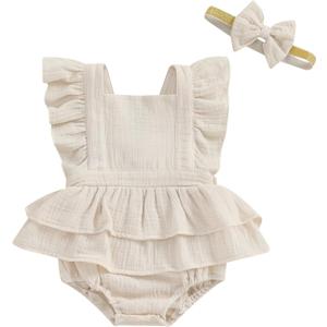 MERSARIPHY Newborn Baby Girl Summer Outfit Linen Ruffle Bubble Romper Dress One Piece Bodysuit Jumpsuit Infant Summer Clothes (6-12 Months, Beige)