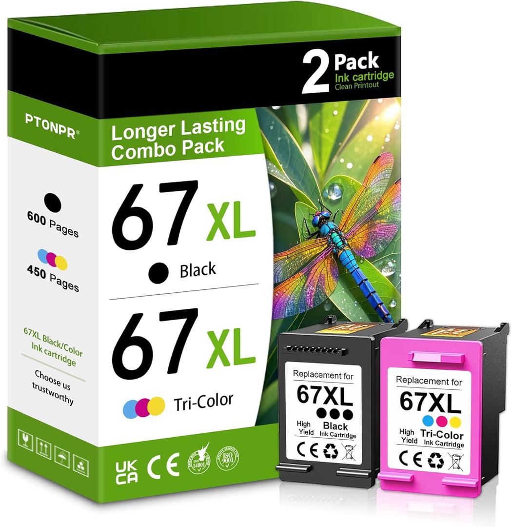 67XL Ink Cartridges Black/Color Combo Pack (2-Pack, Black/Color) Replacement for HP Ink 67 67xl Printer Ink for Deskjet 2700e 2755e 2755 2700 2752 4155e Envy 6000 6055e 6400 6455 Printer