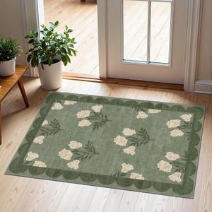 Front Door Mat Outside Entrance - 2x3 Floral Non-Slip Washable Doormat Indoor Outdoor Door Mat Spring Sage Green Floral Entry Rug Small Throw Rugs for Entryway Kitchen Front Porch Decor