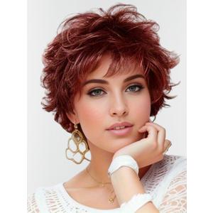 Short Ombre Red Curly Wigs for White Women Layered Red Mixed Brown Pixie Cut Wig with Bangs Synthetic Natural Looking Daily Party Wig 6 Inch