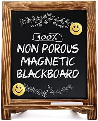 LotFancy 15"x12" Magnetic Chalk Board Sign, Small Wood Framed Tabletop Black Easel Chalkboard, Foldable Standing Ledge,1 White Chalk Pen 2 Magnets and Wall Hanging Kits Included,Rustic Brown