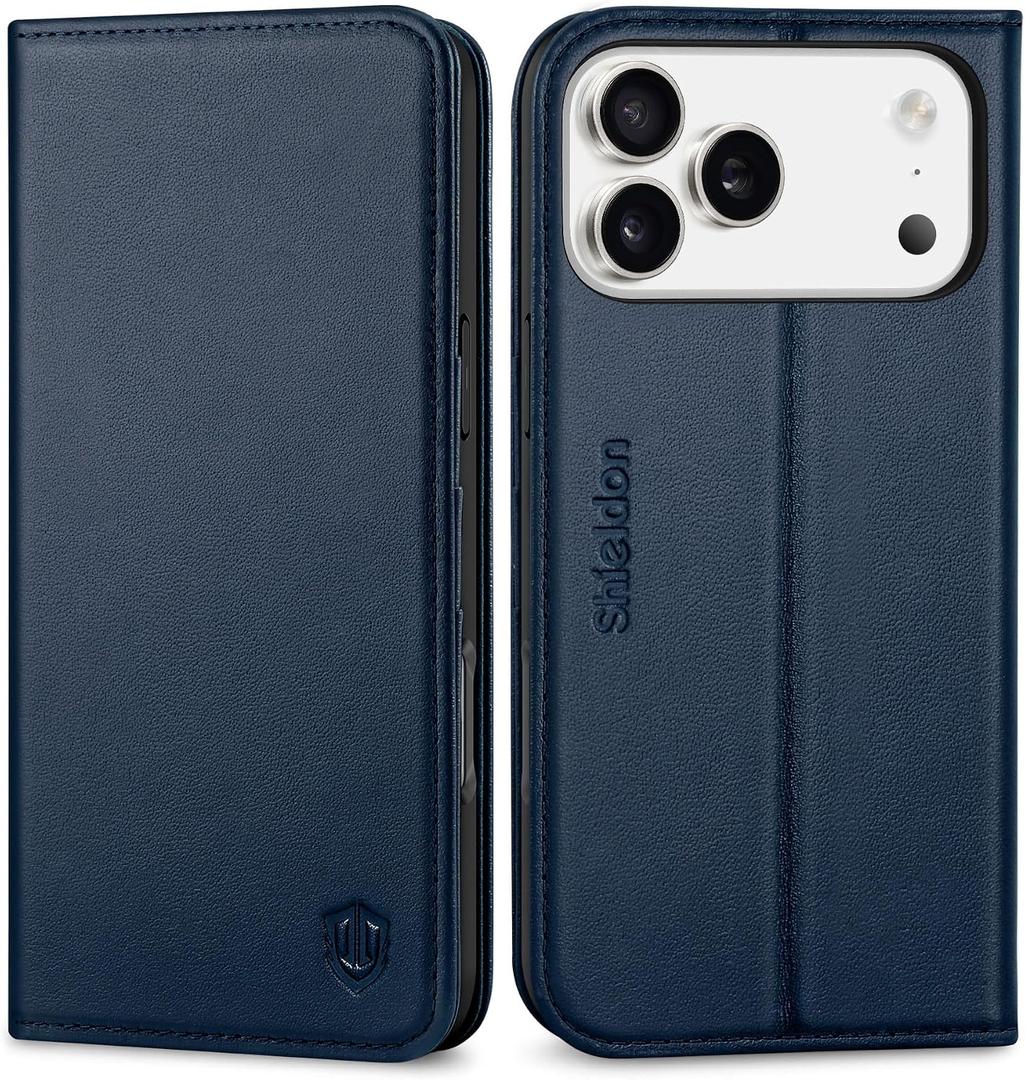 SHIELDON Genuine Leather Case Wallet for iPhone 17 Pro Max 6.9-inch 2025 | Foldable Kickstand, RFID Blocking 3 Credit Card Holder, Magnetic, Shock-Absorbent Phone Cover - Navy Blue