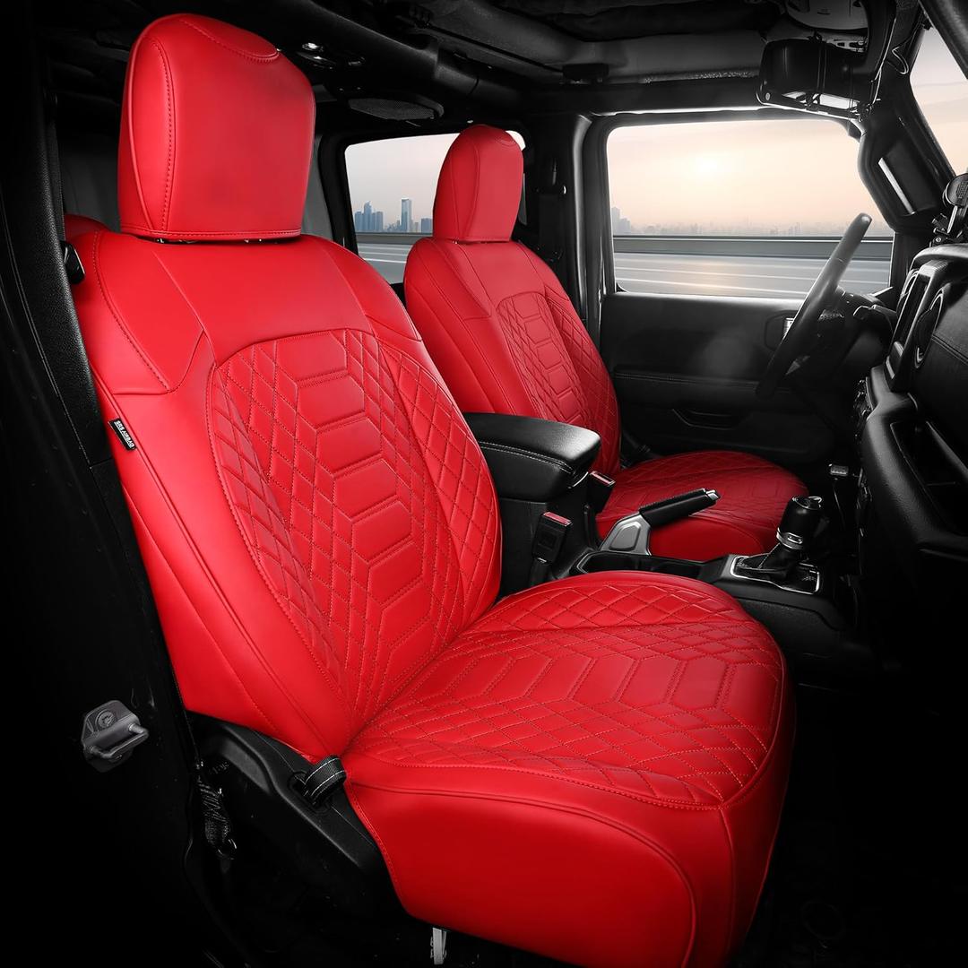 FREESOO Seat Covers for Jeep Wrangler 4 Door JL 2018 2019 2020 2021 2022 2023 2024 2025 2026 1:1 Custom Seat Covers with Rear Cup Holder - RED