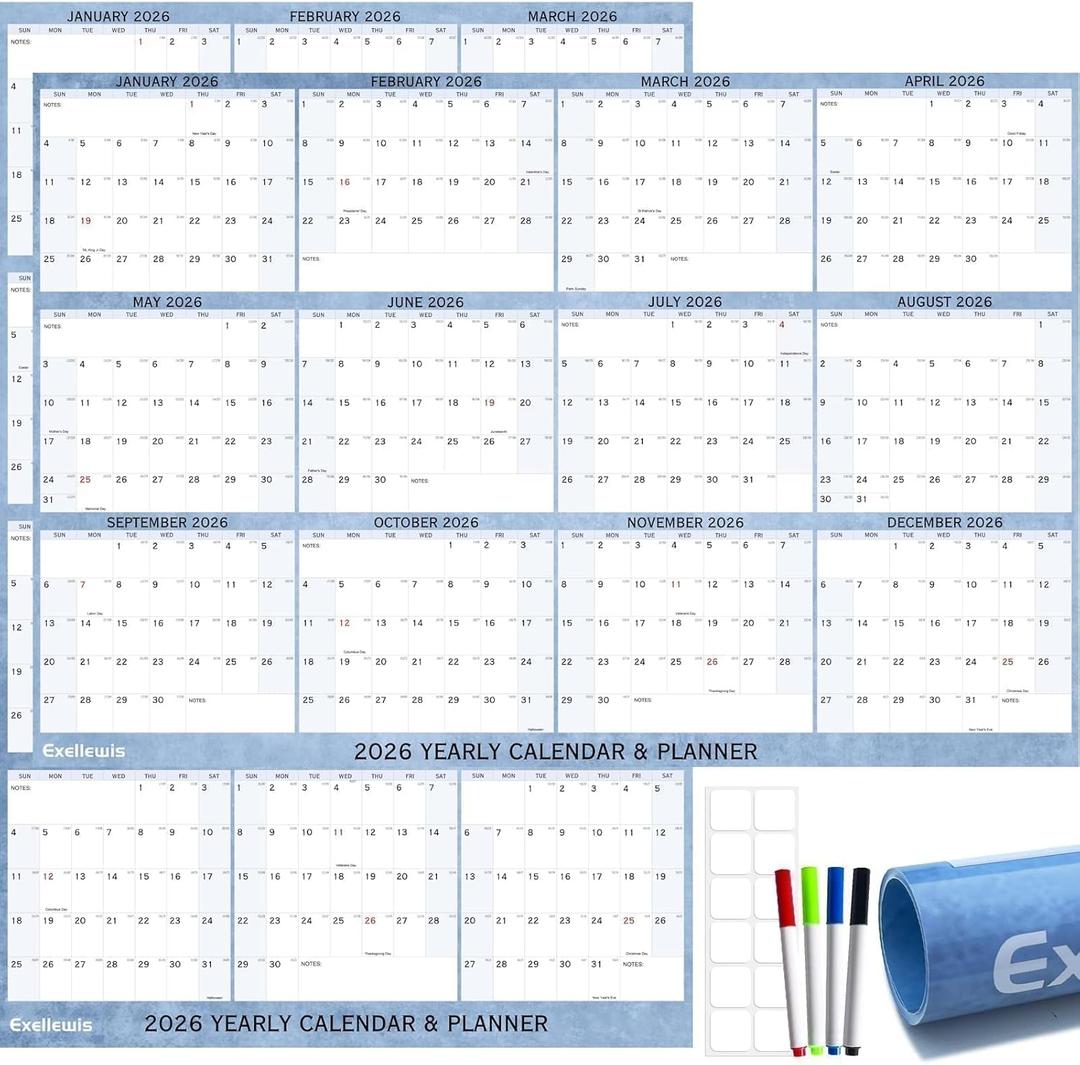 2026 Wall Calendar 32x48 in Soft Light Blue | Rolled to Prevent Creases, Versatile Horizontal/Vertical Layout | Large Wet & Dry Erase Planner with Adhesive Strips & Markers