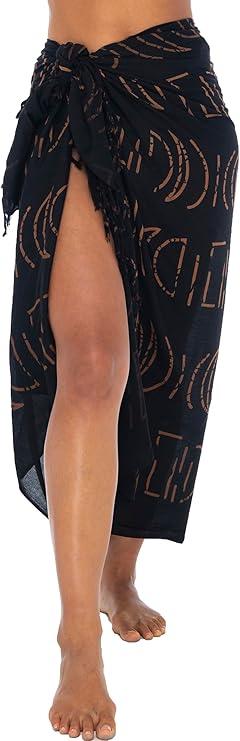Back From Bali Women's Print Sarong Coverup Swimsuit Pareo with Boho Fringe & Coconut Clip - Wrap Skirt or Beach Shawl (Black) ONE - SIZE