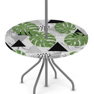 Outdoor Round Fitted Tablecloth - Elastic Edge Circular Table Cloth with Umbrella Hole & Hidden Zipper - Palm Leaf Geometric Waterproof Tablecover Fits 45"-56" Tables for Patio, Picnic, Dinner Decor