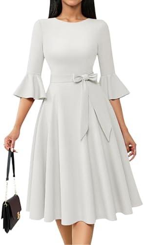 HomRain Women's Church Dresses for 2025 Wedding Guest Cocktail Tea Party Bell Sleeve Vintage Evening Graduation Dress, 3XL