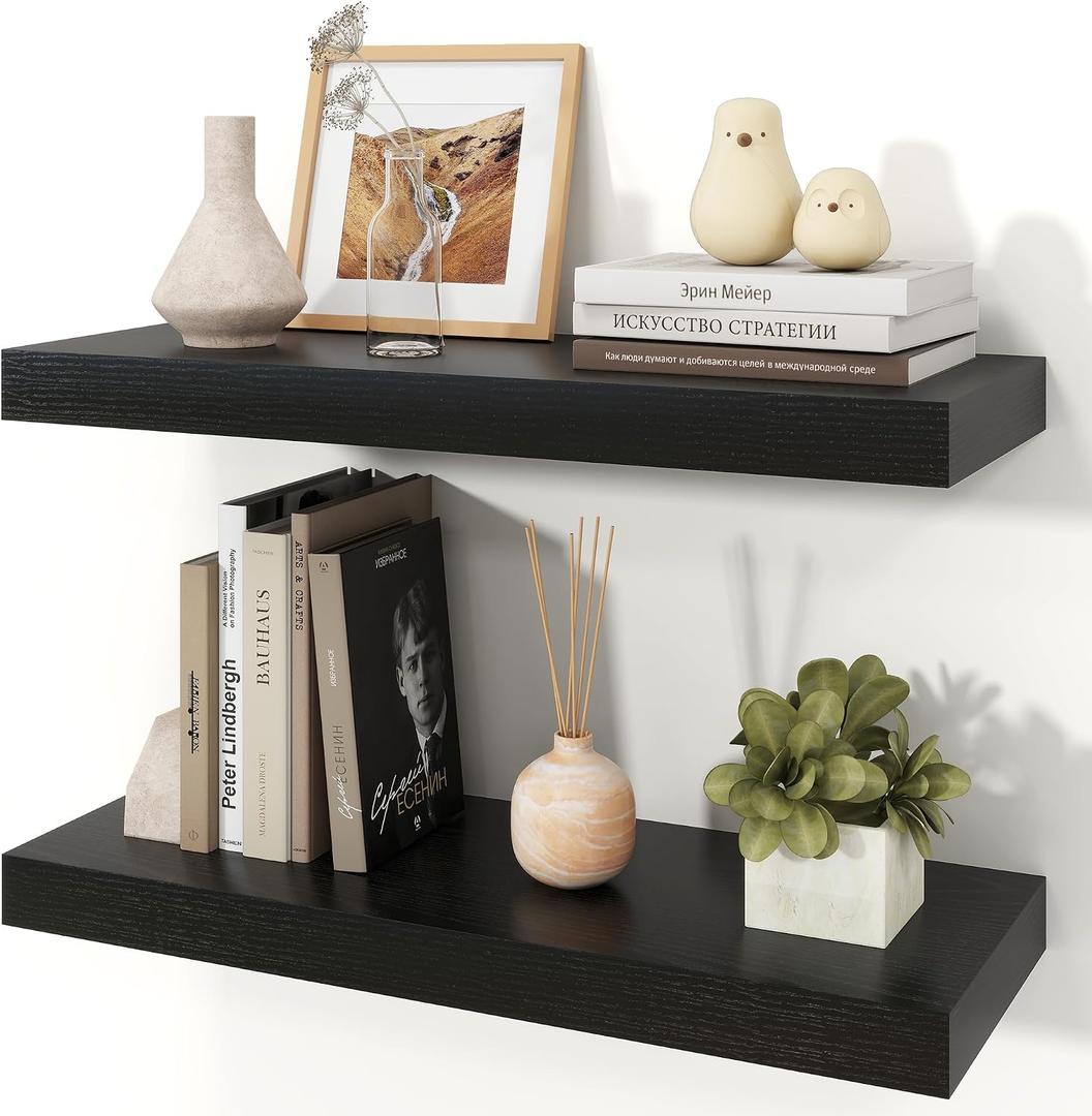 Floating Shelves for Wall, 9.3" Deep Wall Mounted Wood Shelves for Bathroom, Bedroom, Living Room, Kitchen, Hanging Shelf for Books/Storage/Room Decor (Black, 24"), 24" Set of 2