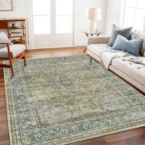 Area Rug 6'x9' Washable Vintage Traditional Floor Cover Thin Retro Kitchen Indoor Distressed Non Slip Carpet for Living Room Bedroom Dining Room (Aged Floral Green)