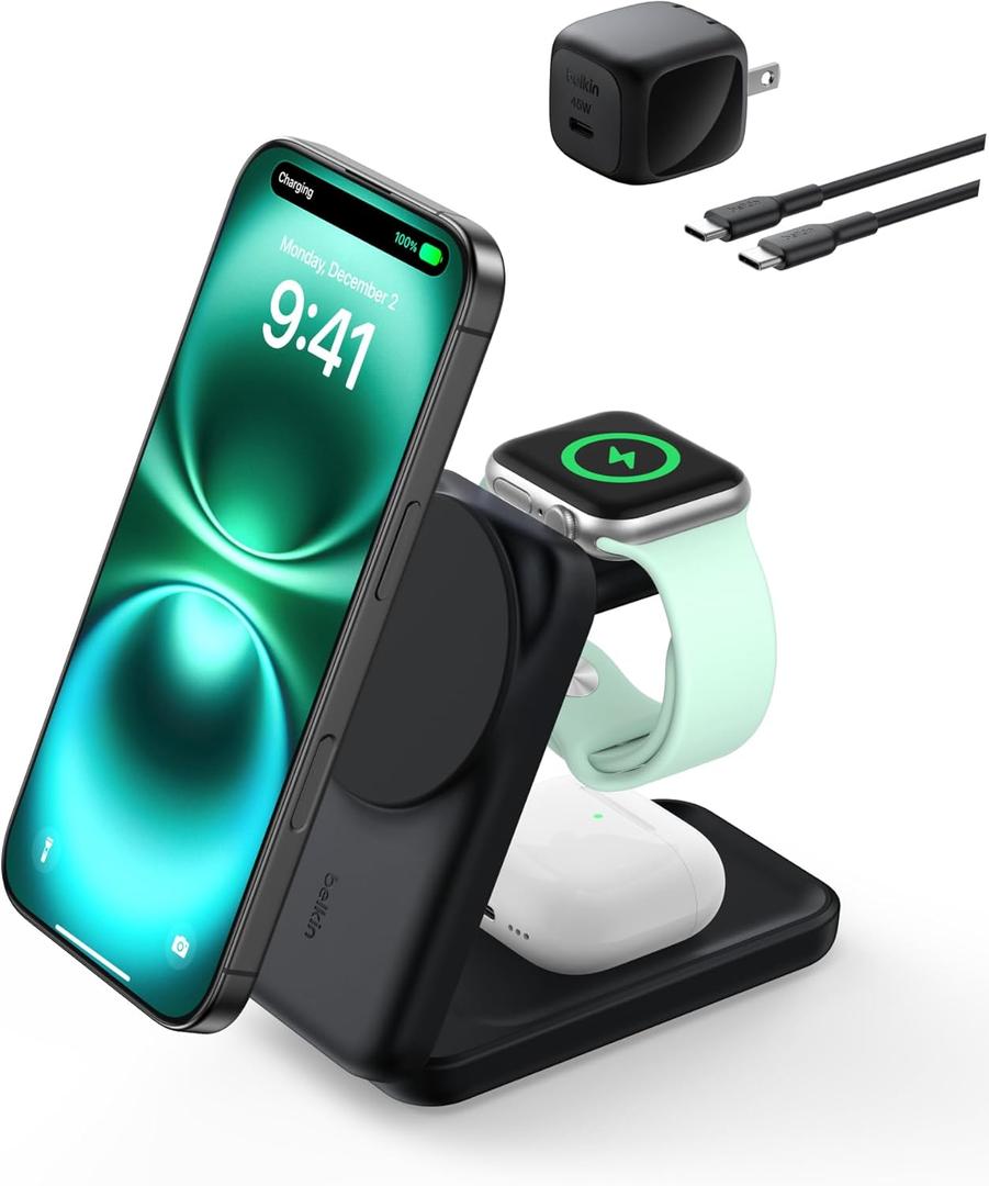 Belkin MagSafe Charger Compatible, 3-in-1 Charging Station, Qi2.2 25W Magnetic Wireless Charger Dock, Foldable Charging Stand for iPhone 17/16/15, Apple Watch, AirPods, Pixel 10 (45W Adapter Included) (Black)