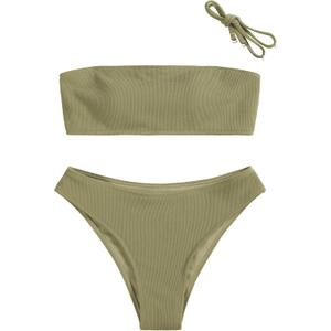 ZAFUL Women Strapless Ribbed High Cut Bandeau Bikini Lace Up 2 Pieces Swimwear (Medium, 0-Pea Green)