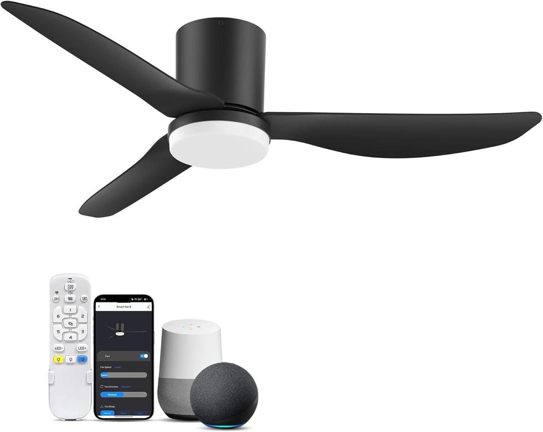 42Inch Smart Flush Mount Ceiling Fans with Lights Remote,Low Profile,Black
