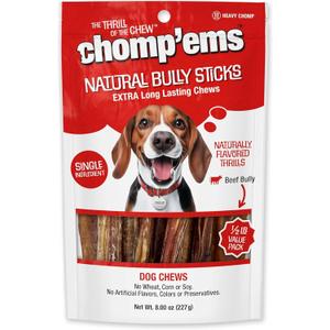 Chomp'ems Naturally Delicious Bully Sticks - Long Lasting No Hide Dog Chews - No Artificial Flavors, Colors, Or Preservatives - Protein Rich Alternative to Rawhide, 8 Oz. (EXP 05/16/26)