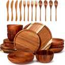 28 Pcs Acacia Wood Dinnerware Set, Round Wooden Plates, Solid Wooden Bowls and Spoon Fork Knife Cutlery Set Acacia Wood Tableware Supplies, Easy Cleaning Lightweight for Dish Snack Dessert