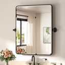 TETOTE Matte Black Pivot Bathroom Mirror 24 x 30 Tilting Beveled Rectangle Metal Framed Mirror, Farmhouse Adjustable Tilt Rounded Corner Rectangular Vanity Mirror, Horizontal/Vertical, Easy to Install