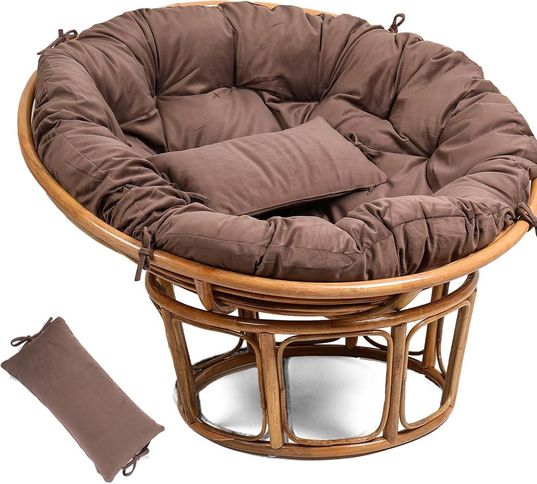 Disker Papasan Chair Cushion - 52 inch (Without Chair) Luxurious Round with Matching Accessory Pillow - Large Round Fluffy Plush Cushion with Securing Straps and Ultra Soft Material (Dune Brown)
