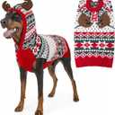 KYEESE Dog Christmas Sweater, Warm Dog Sweater for Large Dogs Boy Girl, Holiday Knitwear with Reindeer Antler Hood, Thick Cozy Winter Outfit with Leash Hole, XXX-Large