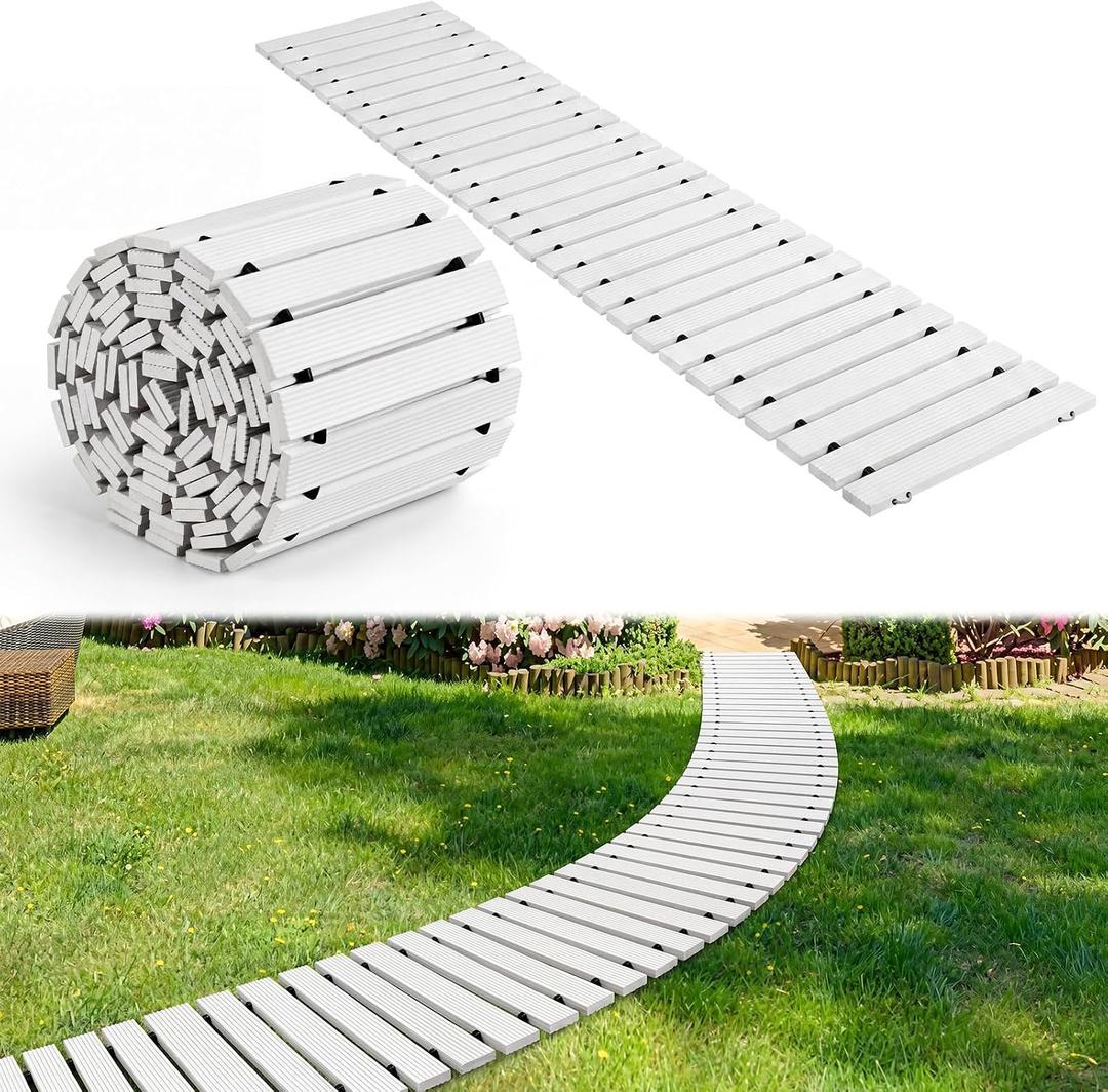 Landical 24ft Wooden Garden Pathway with Non Slip Surface Roll Out Boardwalk Walkways Road Floor Pathway Rustic Path Decorative Patio Pavers for Outdoor Garden Beach Wedding Party (White)