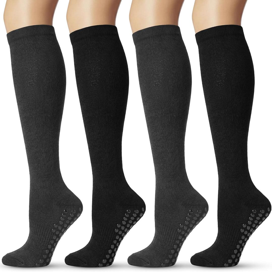 4 Pairs knee high socks for women Bamboo Calf Dress Long Athletic Tall Tube Socks for Outdoor Sport (Medium, Black, Grey)